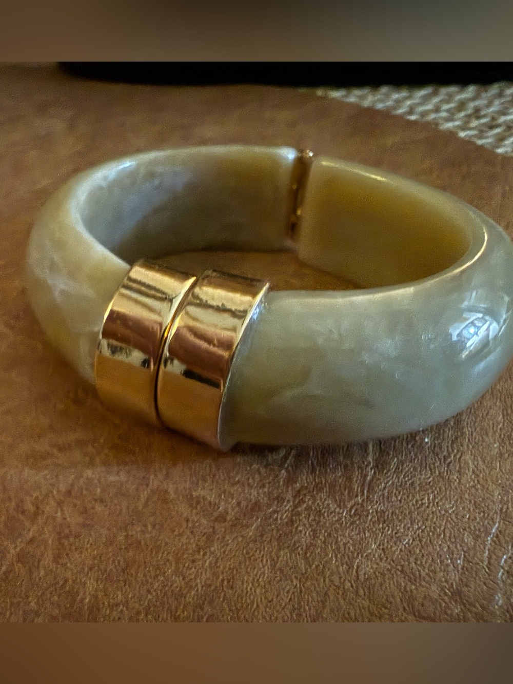 Gold Accent Cream Resin Hinged Bangle Bracelet - Women Jewelry